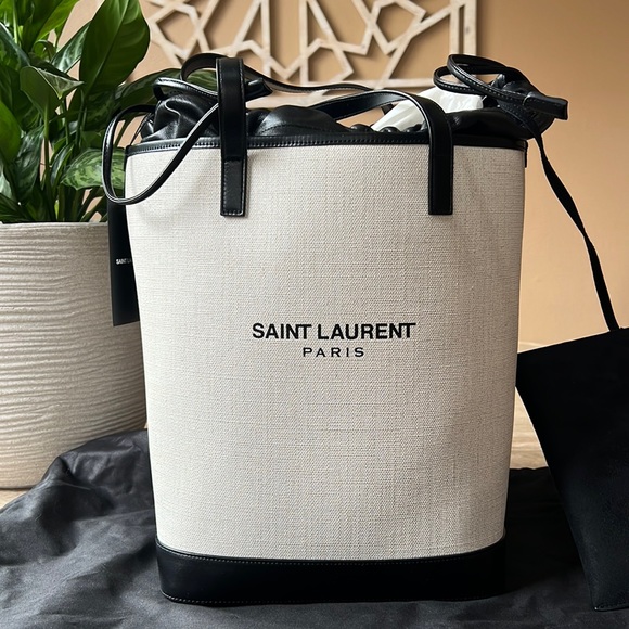 Saint Laurent Teddy Off-White Coated Linen Drawstring Bucket Bag - Picture 3 of 15